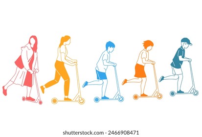 Mujeres y adolescentes montando un scooter, diferentes colores, personajes de dibujos animados, siluetas de personas, concepto de diseño de iconos planos, Ilustración vectorial dibujada a mano aislada sobre fondo blanco