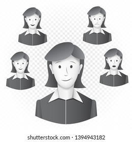 Women template with emotions on white transparent background. Set of womens character and different face expression