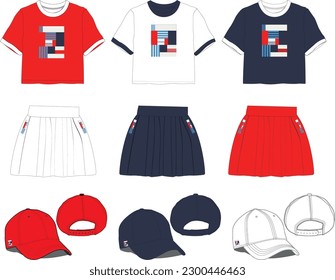 women tennis capsule sets, t shirt, skirts, cap template vector