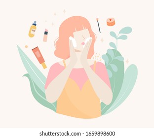 Women Testing Skin Care Products in Beauty Salon. Face Care and Beauty. Beauty Products. Cartoon Flat Vector Illustration. Girl illustration. Girl washing face