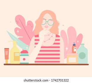 Women Testing Skin Care Products in Beauty Salon. Face Care and Beauty. Beauty Products. Cartoon Flat Vector Illustration. Girl illustration. Girl washing face. Beauty products. 