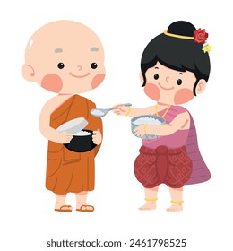 women in Thai dress make merit offer food with monk