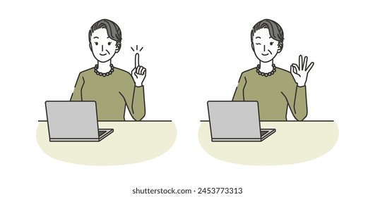 Women in their 60s and 70s doing pointing poses and OK poses with computers