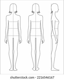 Women thin figure. Body proportions for sewing clothing. Bust, waist, hips lines. Female silhouette. Front, back, side views. Vector illustration.