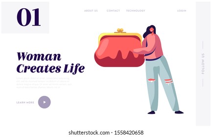 Women Things Website Landing Page. Tiny Female Character Holding Huge Purse with Money. Girls Bag Stuff and Belongings Elegant Modern Ladies Accessory Web Page Banner. Cartoon Flat Vector Illustration