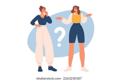 Women thinking about question. People making difficult choice. Dilemma concept. Flat vector illustration