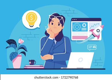 a women thinking how to boost her business concept illustration