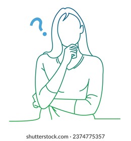 Women thinking, problem solving concept, Woman thinking, Question mark and light bulb icon. Find solution. Creative idea. Decision making, Choosing. illustration.