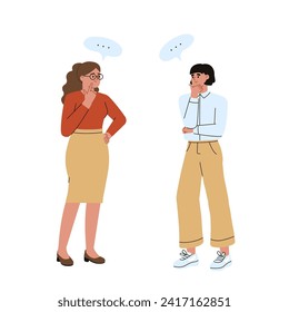 Women with thoughtful contemplating expressions. Puzzled people thinking about problems. Pondreing over decision. Looking for an answer. Flat cartoon vector illustration.