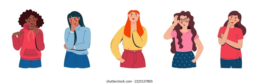 Women are thoughtful in doubts and thoughts. Confused people worry with a serious expression on their face. Vector illustration flat isolated white 