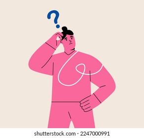 Women in thoughts, pondering, wondering. Uncertain confused persons. Colorful vector illustration