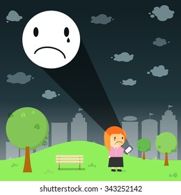 Women through the emotional cry resonance  on smart phone in the park Vector illustration