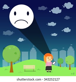 Women through the emotional sad resonance  on smart phone in the park Vector illustration