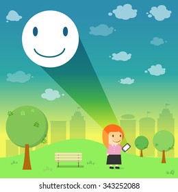 Women through the emotional smile resonance  on smart phone in the park Vector illustration