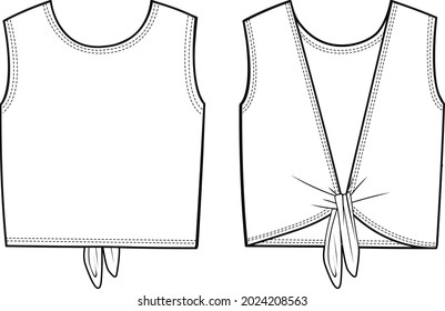 women tie back sleeveless t shirt flat sketch front and back view vector illustration 