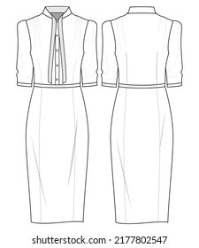 Women Tie Collar Formal Dress  Front and Back View Vector Fashion Illustration , CAD, Technical Drawing, Flat Drawing.