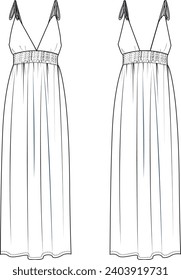 women tie strap, smocked maxi dress technical fashion vector,fashion flat,cad	
