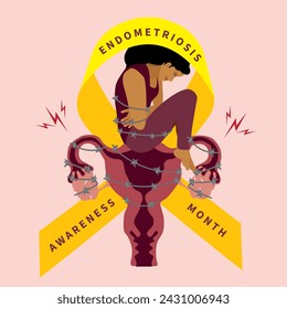 Women tied with wire overlaps on endometriosis ribbon in flat illustration