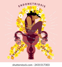 Women tied with wire overlaps on endometriosis ribbon made of flowers