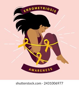 Mujeres atadas con cinta de endometriosis amarilla en ilustración plana