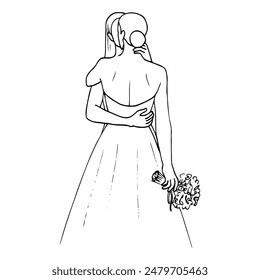 women in a tight hug, one of them standing with her back holding a bouquet on her long bustier dress - a doodle sketch drawn by hand. concept girls kissing, lesbian wedding, bride and bridesmaid