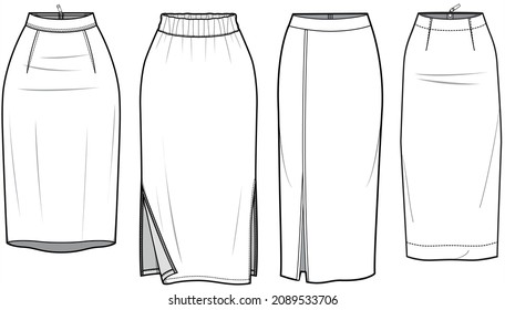 Women Tight Pencil Cut Skirt Styles Fashion Illustration, Vector, CAD, Technical Drawing, Flat Sketch.