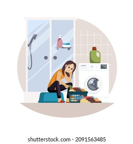 Women tired domestic work set. Girl with vacuum cleaner holds her aching lower back sad woman sits near washing machine with dirty things heavy washing of kitchen. Vector cartoon stress.