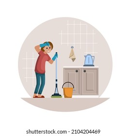 Women Tired Domestic Work Set. Girl With Vacuum Cleaner Holds Her Aching Lower Back Sad Woman Sits Near Washing Machine With Dirty Things Heavy Washing Of Kitchen. Vector Cartoon Stress.