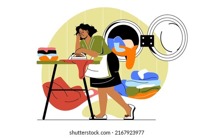 Women tired from housework. Girl irons clothes and cries. Emotional burnout from routine, hostess overloaded with household chores. Mental problems and troubles. Cartoon flat vector illustration