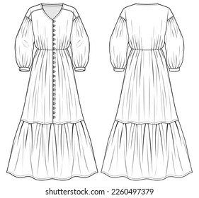 Frauenmüde Maxi Prairie Kleid Design flache Skizze Mode-Illustration mit Vorder- und Rückseite, lange Bischofsärmel Tiered Maxi Kleid flache Skizze Vorlage