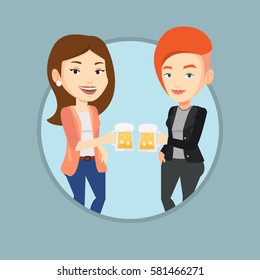 Women toasting and clinking glasses of beer. Caucasian women clanging glasses of beer. Group of friends enjoying a beer at pub. Vector flat design illustration in the circle isolated on background.