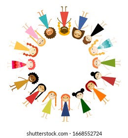 Women together in circle shape. Vector illustration with cute women for your design card, poster, flyer and other. Female characters different. Sketch