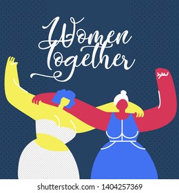 Women Together Flat Vector Web Banner Template. Two Faceless Ladies Hugging. Girl Power, Feminism Poster with Lettering. Feminists Protesting Cartoon Characters. 8 March Greeting Card