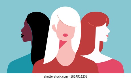 Women together. Multi-ethnic women different nationalities and cultures. Abstract modern style. The concept of feminism, the struggle for rights, women's friendship and support. Vector