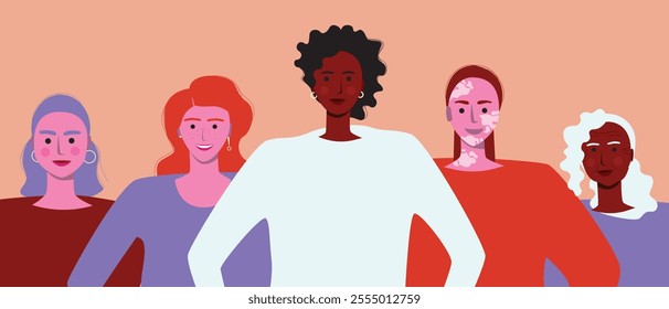 Women together as unity, perfect imperfection concept for international women's day, flat vector stock illustration with feminists for March 8