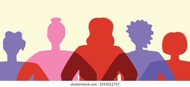 Women together as unity, unrecognizable persons for international women's day, silhouette flat vector stock illustration with feminists for March 8 or international women's day