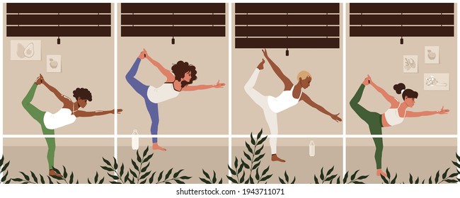 Women together in yoga class. Group of smiling active people performing gymnastic or aerobics exercise. Flat cartoon vector illustration.