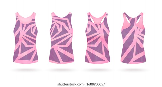 Women top tank or sport slimming fit sleeveless t-shirt with geometric pattern in pink and violet tints, realistic vector mockup illustration isolated on white background.