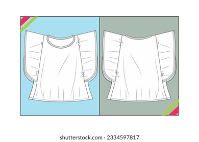 WOMEN TOPS WITH ELBOW CIRCLE SLEEVE SKETCH PATTERN FASHION TEMPLATE TECHNICAL DRAWING ILLUSTRATION