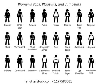 Women tops, playsuits, and jumpsuits. Stick figures depict a set of different type of tops, t-shirt, shirts, playsuits, and jumpsuits. This fashion clothing designs are wear by female, lady, and girl.