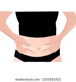 Women touch fat on the belly with excessive weight. loose and excess skin on the abdomen. Fat female in black underwear 