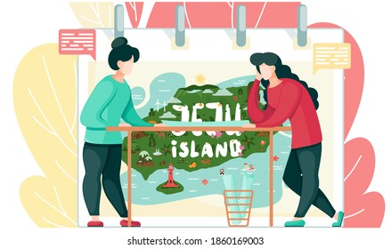 Women tourists are going on a trip, looking at the map for the travel to the south korean island Jeju. Mountaine with waterfalls, stone figures, tropical plants in botanical garden, asian village