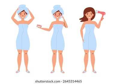 Women in towel engaging in self-care routine at home after showering in the morning
