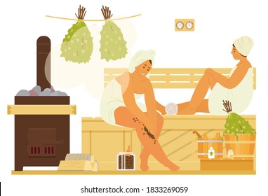 Women In Towels In Sauna Relaxing, Using Body Scrub. Steam Bath Interior with Stove, Bench, Buckets, Burch Brooms. Flat Vector Illustration.
