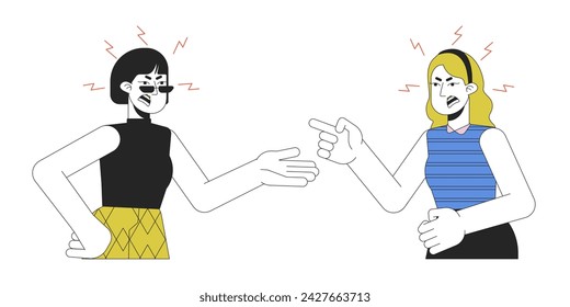 Women toxic relationship 2D linear cartoon characters. Fingers pointing yelling adults isolated line vector people white background. Gesture body language, emotional color flat spot illustration