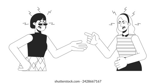 Women toxic relationship black and white 2D line cartoon characters. Fingers pointing yelling isolated vector outline people. Gesture body language, emotional monochromatic flat spot illustration