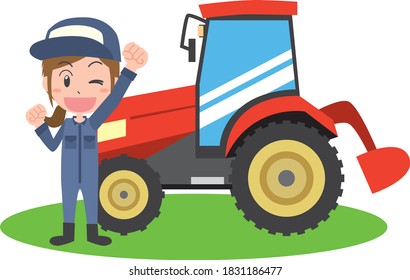 Women and tractors raising hands engaged in agriculture