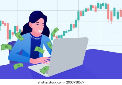 Women trading stock market on laptop, Candlestick graph buy and sell sign, Making money on the internet, vector illustration  