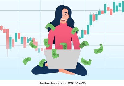 Women trading stocks market on laptop, Candlestick graph buy and sell sign, young money investing concepts,internet earning cash study,Making cash on the internet, vector illustration  