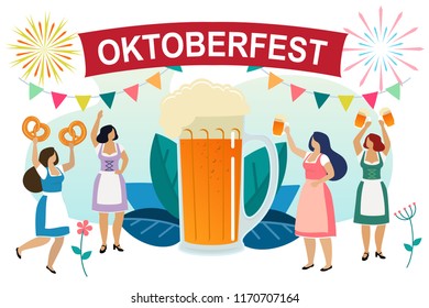 Women in traditional Bavarian clothes celebrate beer festival Oktoberfest. Girls friends in dindl have fun at the Oktoberfest. Vector